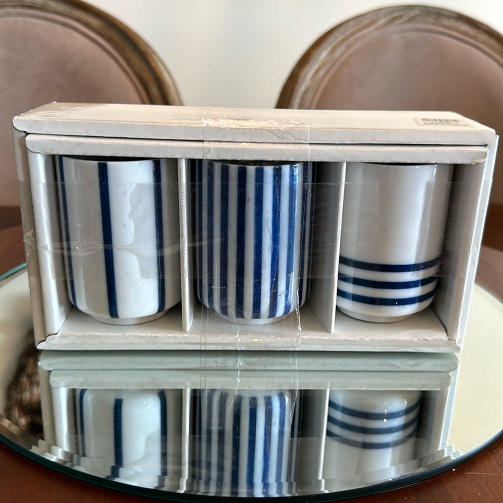 Blue White Stripe Set of 3 Japanese Tea Cups New